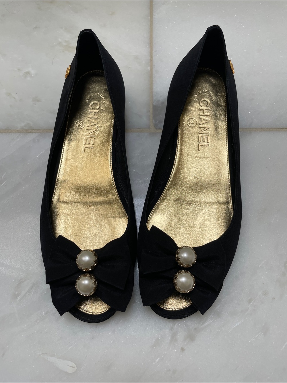 CHANEL Black Peep-Toe Flats with Pearl-Style Button Detail